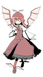 Rule 34 | 1girl, alternate hairstyle, closed eyes, dress, female focus, full body, hand on another&#039;s chest, hand on own chest, hat, highres, korin (ra-sky07), music, mystia lorelei, pink hair, shoes, short hair, simple background, singing, solo, touhou, winged footwear, wings