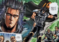 Rule 34 | absurdres, angry, aura, black hair, color page, english text, green eyes, highres, hokuto no ken, manga page, muscular, muscular male, rei (hokuto no ken), serious, speech bubble, tagme