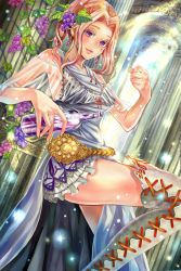 Rule 34 | 1girl, architecture, bad id, bad pixiv id, belt, blonde hair, boots, bottle, column, dress, dust, dutch angle, earrings, food, fruit, gem, grapes, gunshin shoukan ark knights, holding, holding bottle, jewelry, light rays, looking at viewer, original, pillar, plant, purple eyes, see-through, silver dress, solo, stitches, sunlight, sweetwitch, thigh boots, thighhighs, vines, white dress