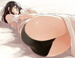 Rule 34 | 1girl, ass, bad id, bad twitter id, black hair, black panties, closed eyes, commentary request, kekemotsu, long hair, hugging object, off shoulder, on bed, open mouth, original, panties, perspective, shirt, simple background, sleeping, solo, stuffed animal, stuffed toy, underwear, white background, white shirt, wide hips