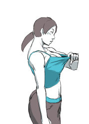 Rule 34 | 1girl, ass, breasts, capri pants, cleavage, cleavage reach, clothes pull, colored skin, grey eyes, grey hair, large breasts, long hair, midriff, nintendo, no bra, pants, ponytail, pulled by self, sashizume soutarou, solo, spaghetti strap, white skin, wii fit, wii fit trainer, wii fit trainer (female)