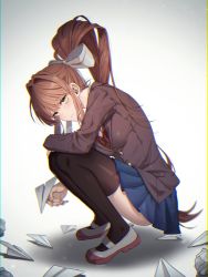 Rule 34 | 1girl, black thighhighs, blazer, blue skirt, brown hair, brown jacket, crumpled paper, doki doki literature club, from side, frown, full body, green eyes, hair ribbon, highres, holding, holding paper, holding paper airplane, jacket, long hair, looking at viewer, monika (doki doki literature club), onyang, paper, paper airplane, ponytail, ribbon, school uniform, shoes, simple background, skirt, solo, squatting, thighhighs, unhappy, uwabaki, white background, white footwear, white ribbon