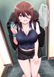 Rule 34 | 1girl, absurdres, backpack, bag, braid, breasts, brown hair, carrying bag, cellphone, cleavage, collarbone, commentary request, delivery, door, hair between eyes, hair ornament, hairclip, highres, holding, holding phone, indoors, kamesys, large breasts, looking at viewer, multicolored hair, navel, open mouth, original, phone, pink eyes, pink hair, short shorts, shorts, smartphone, solo, speech bubble, translated