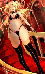 Rule 34 | 1girl, :d, absurdres, agetama, akatsuki uni, black thighhighs, blonde hair, blush, breasts, cleavage, fangs, groin, hair ornament, hairclip, highres, long hair, looking at viewer, medium breasts, navel, open mouth, red eyes, smile, solo, stairs, standing, teeth, thighhighs, two side up, uni create, vampire, virtual youtuber