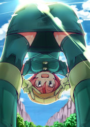 Rule 34 | 1girl, :d, ass, bent over, blue eyes, boots, choker, creatures (company), double v, from below, game freak, georgia (pokemon), gloves, green footwear, hat, kounosu satori, looking through own legs, nintendo, open mouth, pencil skirt, perspective, pink hair, pokemon, pokemon bw (anime), skirt, smile, solo, sunlight, thighhighs, upside-down, v