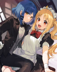 Rule 34 | 2girls, :d, ahoge, akitsuki (oenothera), alternate costume, apron, black bow, black bowtie, black pants, blonde hair, blue hair, bocchi the rock!, bow, bowtie, commentary request, enmaided, formal, highres, ijichi nijika, long hair, maid, maid apron, maid headdress, mole, mole under eye, multiple girls, open mouth, pants, red eyes, revision, short hair, smile, suit, teeth, upper teeth only, yamada ryo, yellow eyes