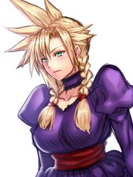 Rule 34 | 1990s (style), 1boy, blonde hair, blush, braid, breast padding, cloud strife, crossdressing, dress, final fantasy, final fantasy vii, genderswap, genderswap (mtf), green eyes, male focus, retro artstyle, simple background, solo, spiked hair, square enix, twin braids, wall market, yapo (croquis side)