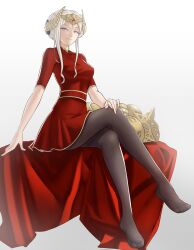 Rule 34 | 1girl, black pantyhose, breasts, commentary, crossed legs, crown, dress, edelgard von hresvelg, english commentary, english text, feet, fire emblem, fire emblem: three houses, fire emblem heroes, grin, hair bun, highres, legs, looking at viewer, medium breasts, nintendo, no shoes, official alternate costume, pantyhose, pomelomelon, purple eyes, red dress, sitting, smile, solo, textless version, toes, unworn armor, white hair
