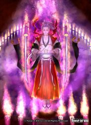 Rule 34 | 1boy, candle, copyright name, closed eyes, facial mark, fire, force of will, forehead mark, japanese clothes, katana, long hair, male focus, official art, pointy ears, ponytail, purple hair, sandals, solo, sword, tattoo, tomida tomomi, vampire, weapon