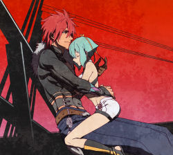 Rule 34 | 10s, 1boy, 1girl, aquarion (series), aquarion evol, belt, boots, breast press, breasts, closed eyes, gloves, green hair, hair ribbon, hand on another&#039;s chest, kagura demuri, medium breasts, mogutanabe, red hair, ribbon, short hair, sitting, sitting on lap, sitting on person, zessica wong