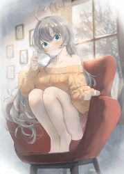 Rule 34 | 1girl, ahoge, bare legs, barefoot, blush, closed mouth, collarbone, commission, cup, curtains, drawing (object), grey eyes, hair between eyes, holding, holding cup, kantai collection, long hair, long sleeves, messy hair, off-shoulder sweater, off shoulder, orange sweater, silver hair, skeb commission, smile, solo, sweater, toka (marchlizard), washington (kancolle), window
