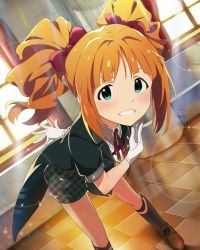 Rule 34 | 1girl, bent over, black socks, black shorts, blue eyes, bow, checkered floor, derivative work, gloves, grin, hair bow, highres, idolmaster, idolmaster (classic), indoors, kneehighs, long hair, looking at viewer, muren k1ht, neck ribbon, orange hair, red bow, red ribbon, ribbon, shorts, smile, socks, solo, takatsuki yayoi, twintails, white gloves, window