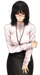 Rule 34 | 1girl, arm grab, black hair, black skirt, blush, closed mouth, collared shirt, cowboy shot, embarrassed, eyeshadow, flying sweatdrops, glasses, highres, hoshi san 3, jimiko, long sleeves, looking at viewer, makeup, medium hair, mole, mole under eye, mole under mouth, office lady, original, pencil skirt, shirt, simple background, skirt, solo, standing, white background, white shirt, wing collar