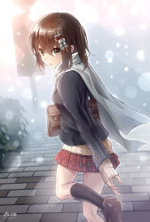 Rule 34 | 10s, 1girl, alternate costume, bag, brown hair, hair between eyes, hair ornament, highres, kantai collection, long sleeves, looking at viewer, morigami (morigami no yashiro), outdoors, pleated skirt, scarf, school bag, school uniform, sendai (kancolle), sendai kai ni (kancolle), skirt, snow, solo, sweater, twintails, two side up, yellow eyes
