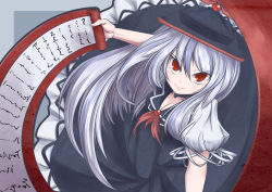 Rule 34 | 1girl, absurdres, breasts, collarbone, dress, fingernails, hat, highres, kamishirasawa keine, large breasts, long hair, looking at viewer, neckerchief, puffy short sleeves, puffy sleeves, red dress, red eyes, scroll, shirt, short sleeves, silver hair, solo, touhou, usen (line of rain), very long hair