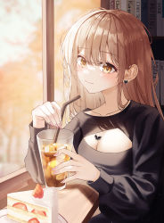 Rule 34 | 1girl, absurdres, breasts, brown eyes, brown hair, butterfly earrings, cafe, cake, choc, cleavage, cleavage cutout, clothing cutout, earrings, food, highres, iced tea, jewelry, long hair, nail polish, original, piercing, restaurant, sitting, solo