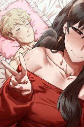 Rule 34 | 1boy, 1girl, black hair, blonde hair, blush, breath, closed mouth, clothed female nude male, collarbone, earrings, guy tired after sex (meme), haraya manawari, heart, heart-shaped pupils, highres, implied after sex, jewelry, long hair, long sleeves, lying, meme, nude, on back, pillow, red eyes, selfie, sitting, sleeping, smile, spy x family, sweat, sweater, symbol-shaped pupils, twilight (spy x family), v, yor briar