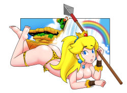 Rule 34 | 1girl, ass, blonde hair, blue eyes, breast press, breasts, feet, highres, jaguar print, large breasts, legs, looking at viewer, lying, mario (series), nintendo, on stomach, parted lips, ponytail, princess, princess peach, rainbow, solo, super mario bros. 1, the pose, thick thighs, thighhighs, thighs, thong, topless, weapon, whplefct