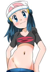 Rule 34 | 1girl, blue eyes, blue hair, blush, breasts, clothes pull, creatures (company), crop top, curvy, dawn (pokemon), female focus, game freak, hainchu, hip focus, looking at viewer, lowleg, lowleg pants, midriff, navel, nintendo, pants, pants pull, pokemon, pokemon (anime), pokemon dppt (anime), shiny skin, small breasts, smile, solo, stomach
