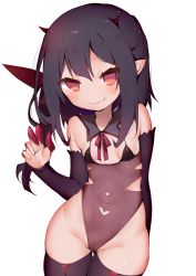 Rule 34 | 1girl, absurdres, arm at side, black hair, black thighhighs, cameltoe, closed mouth, commentary request, cowboy shot, detached collar, detached sleeves, fang, fang out, gluteal fold, half updo, highres, horns, leotard, long hair, navel, pointy ears, revealing clothes, see-through, simple background, smile, solo, thigh gap, thighhighs, tomo (ryo i so )