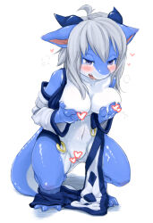 Rule 34 | 1girl, ahoge, animal ears, animal feet, areola slip, bare shoulders, barefoot, blue horns, blue skin, blush, borrowed character, breath, censored, censored nipples, collarbone, colored skin, dragon girl, fang, female focus, full body, furry, furry female, grabbing own breast, grey hair, half-closed eyes, hands up, heart, heart censor, highres, horns, kame (3t), lactation, lizard tail, long sleeves, looking at viewer, medium hair, multicolored skin, navel, open clothes, open mouth, original, pussy, raised eyebrows, shiny skin, sidelocks, simple background, snout, solo, squatting, stomach, tail, tears, thighs, two-tone skin, white background, white skin