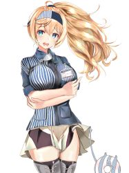 Rule 34 | 1girl, alternate costume, alternate hairstyle, black thighhighs, blonde hair, blue eyes, blue shirt, blush, boots, breast pocket, breasts, character name, clothes lift, collared shirt, commentary, cowboy shot, cross-laced footwear, employee uniform, enemy lifebuoy (kancolle), eriyama e, gambier bay (kancolle), hair between eyes, hairband, highres, kantai collection, lace-up boots, large breasts, lawson, lifting another&#039;s clothes, long hair, name tag, open mouth, pocket, ponytail, shirt, short sleeves, sidelocks, simple background, skindentation, skirt, skirt lift, thigh boots, thighhighs, thighs, uniform, white background