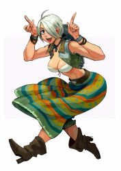 Rule 34 | abs, angel (kof), betofu, boots, bra, bracelet, breasts, horns pose, hair over one eye, hat, highres, horns pose, index fingers raised, jewelry, large breasts, long skirt, mexican dress, mexico, open clothes, open vest, short hair, skirt, smile, snk, solo, sombrero, strapless, strapless bra, the king of fighters, the king of fighters 2001, the king of fighters xiv, tomboy, toned, underwear, vest, white hair