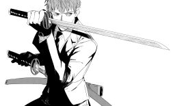 Rule 34 | 1boy, bags under eyes, collared shirt, dual wielding, fate/grand order, fate (series), fighting stance, formal, gloves, holding, holding sword, holding weapon, katana, long sleeves, looking to the side, male focus, necktie, noz 2to, saitou hajime (fate), shadow, shirt, short hair, simple background, solo, suit, sword, upper body, weapon