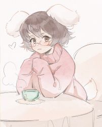 Rule 34 | 1girl, adapted costume, animal ears, bespectacled, brown eyes, brown hair, chair, closed mouth, cup, floppy ears, glasses, hands up, heart, highres, inaba tewi, light blush, light smile, own hands together, pink sweater, rabbit ears, rabbit tail, semi-rimless eyewear, short hair, simple background, sitting, sleeves past fingers, sleeves past wrists, solo, steam, sweater, table, tail, teacup, touhou, turtleneck, turtleneck sweater, white background, womu