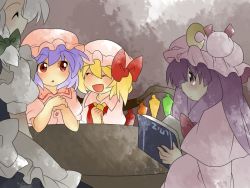 Rule 34 | 4girls, bad id, bad pixiv id, blonde hair, bow, braid, comic, crescent, closed eyes, female focus, flandre scarlet, grey theme, hair bow, hammer (sunset beach), hat, izayoi sakuya, light purple hair, long hair, multiple girls, muted color, patchouli knowledge, purple eyes, purple hair, red eyes, remilia scarlet, short hair, side ponytail, silent comic, silver hair, smile, touhou, wings
