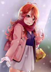Rule 34 | 1girl, antenna hair, blush, cowboy shot, gloves, kanzume shima, long hair, looking at viewer, open mouth, orange hair, red eyes, scarf, skirt, snow, snowing, solo, tokyo 7th sisters, usuta sumire, white gloves, winter clothes