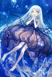 Rule 34 | 1girl, bare legs, bare shoulders, barefoot, bison cangshu, blush, bubble, collarbone, covering own mouth, jellyfish girl, long hair, original, own hands together, solo, underwater, water drop, white hair, yellow eyes