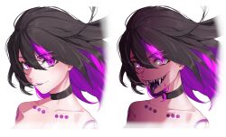 Rule 34 | absurdres, black choker, black hair, black lips, chest tattoo, choker, collarbone, colored tongue, commission, commissioner upload, dwisketch, fangs, highres, monster girl, multicolored hair, non-web source, original, portrait, purple hair, purple tongue, sharp teeth, shoko the alien, shoulder tattoo, slit pupils, tattoo, teeth, tentacle tongue, tentacles, tongue