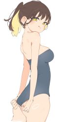 Rule 34 | 1girl, :q, ass, bare shoulders, black one-piece swimsuit, blonde hair, blush, breasts, brown hair, copyright request, highres, looking at viewer, medium breasts, multicolored hair, one-piece swimsuit, rasusurasu, short hair, simple background, solo, swimsuit, thighs, tongue, tongue out, two-tone hair, white background, yellow eyes