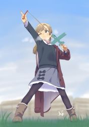 Rule 34 | 1girl, black pantyhose, blonde hair, boots, child, female focus, grass, jacket, legs apart, long hair, one eye closed, original, outdoors, pantyhose, satsuyo, scarf, serious, skirt, slingshot (weapon), solo, toy airplane