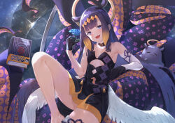 Rule 34 | 1girl, :d, ao-chan (ninomae ina&#039;nis), bare shoulders, barefoot, black collar, black dress, black gloves, black hair, black socks, blue eyes, blunt bangs, breasts, center-flap bangs, collar, commentary, cutout above navel, detached sleeves, dress, feathered wings, flower, fur-trimmed collar, fur trim, gloves, gradient hair, half gloves, halo, headpiece, highres, holding, holding flower, hololive, hololive english, kinoko (shikimylove), knee up, long hair, looking at viewer, low wings, multicolored hair, ninomae ina&#039;nis, ninomae ina&#039;nis (1st costume), open mouth, orange hair, petite, short dress, sidelocks, single detached sleeve, single thighhigh, sitting, sitting on tentacle, small breasts, smile, socks, solo, space, straight hair, strapless, strapless dress, takodachi (ninomae ina&#039;nis), tentacle chair, tentacle hair, tentacles, thighhighs, tube dress, very long hair, virtual youtuber, waist cape, white thighhighs, white wings, wings