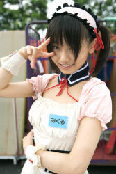 Rule 34 | apron, asahina mikuru, asian, cosplay, hair ribbon, highres, matsunaga ayaka, photo (medium), ribbon, suzumiya haruhi no yuuutsu, v, waitress, waitress uniform