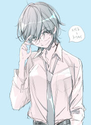Rule 34 | absurdres, aqua background, asagao to kase-san, breasts, dress shirt, glasses, grey hair, highres, kase tomoka, large breasts, loose necktie, necktie, office lady, official art, pastel colors, shirt, short hair, sketch, smile, speech bubble, takashima hiromi, tomboy, translation request