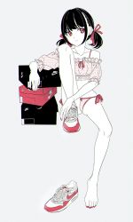 Rule 34 | 1girl, acubi tomaranai, bare legs, bare shoulders, black hair, closed mouth, collarbone, ear piercing, frown, full body, grey background, highres, invisible chair, knee up, mole, mole under eye, nike (company), original, panties, piercing, pink eyes, product placement, shoebox, shoes, short twintails, side-tie panties, simple background, single shoe, sitting, sneakers, solo, string panties, twintails, underwear