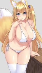 Rule 34 | 1girl, animal ears, bikini, blonde hair, blue eyes, blush, breasts, cleavage, curvy, finger to mouth, fox ears, fox tail, hair between eyes, highres, huge breasts, leaning forward, long hair, looking at viewer, navel, one side up, original, sogaya, solo, standing, swimsuit, tail, thighhighs, white background, white bikini, white thighhighs, wide hips