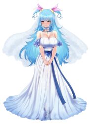 Rule 34 | 1girl, absurdres, anchor ornament, arms behind back, azur lane, blue flower, blue gemstone, blue hair, blue ribbon, blue rose, blush, breasts, cleavage, crossed legs, curly hair, detached collar, detached sleeves, dress, earrings, flower, full body, garter straps, gem, hands on own crotch, happy, highres, hip focus, jewelry, large breasts, long hair, looking at viewer, messy hair, necklace, neptune (azur lane), off-shoulder dress, off shoulder, orange eyes, own hands together, pearl hair ornament, ribbon, rose, see-through, see-through dress, smile, solo, spaghetti strap, standing, thigh gap, thighhighs, thighs, v arms, veil, very long hair, wedding dress, white dress, yellow eyes, yuu cream
