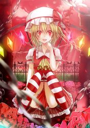 Rule 34 | 1girl, ascot, blonde hair, bow, chain, commentary, dress, female focus, fence, flandre scarlet, flower, glowing, glowing eyes, glowing wings, hand to own mouth, hat, hat bow, highres, knees together feet apart, looking at viewer, mob cap, open mouth, petals, puffy sleeves, red dress, red eyes, red flower, red rose, red skirt, rose, scarlet devil mansion, short sleeves, side ponytail, silver hair, sitting, skirt, smile, solo, striped clothes, striped thighhighs, thighhighs, toufukin, touhou, wings