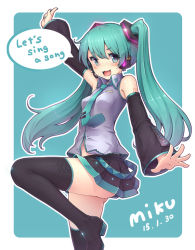 Rule 34 | 1girl, aqua eyes, aqua hair, black footwear, boots, character name, dated, detached sleeves, gogatsu no renkyuu, hatsune miku, headphones, long hair, necktie, open mouth, palms, skirt, solo, standing, standing on one leg, thigh boots, thighhighs, twintails, vocaloid