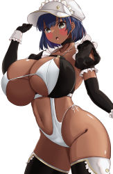 Rule 34 | aether foundation employee, aether foundation employee (female), black gloves, breasts, cleavage, clothing cutout, creatures (company), curvy, dark-skinned female, dark skin, elbow gloves, game freak, gloves, hat, highleg, highleg swimsuit, highres, hizakake, huge breasts, looking at viewer, maid, maid headdress, navel, navel cutout, nintendo, one-piece swimsuit, pokemon, pokemon sm, short hair, simple background, swimsuit, thighhighs, thighs, white background, white hat, white one-piece swimsuit, wide hips