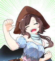 Rule 34 | 1girl, bandana, berusuke (beru no su), black wings, blue shirt, breasts, brown hair, brown hat, clenched hand, closed eyes, commentary request, cowboy hat, cowboy western, cowgirl (western), emphasis lines, feathered wings, happy, hat, horse girl, kurokoma saki, long hair, medium breasts, off-shoulder shirt, off shoulder, open mouth, pegasus wings, ponytail, shirt, simple background, solo, teeth, thumbs up, touhou, upper teeth only, white background, white bandana, wings
