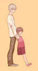 Rule 34 | 1boy, 1girl, 3838383, age difference, arm grab, arms up, atlus, brown hair, casual, child, doujima nanako, dress, from side, grey hair, hair ornament, hair ribbon, leaning, narukami yuu, orange background, pants, persona, persona 4, profile, ribbon, short hair, short twintails, simple background, socks, standing, striped clothes, striped dress, sweater, sweatpants, turtleneck, twintails, v-neck