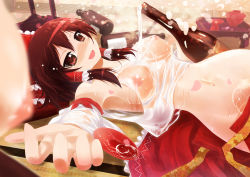 Rule 34 | 2girls, :d, alcohol, armpits, bare shoulders, belly, blurry, blush, bottle, bow, breasts, brown eyes, brown hair, covered erect nipples, cup, day, depth of field, dripping, drunk, female focus, floral print, frilled bow, frills, hair bow, hair tubes, hakurei reimu, hip focus, holding, holding bottle, indoors, large breasts, looking at viewer, lying, messy, multiple girls, navel, nipples, nose blush, on back, open clothes, open mouth, open skirt, porurin (do-desho), red bow, red skirt, sakazuki, sake, see-through, shiny skin, sideboob, sidelocks, skirt, smile, solo focus, stomach, sunlight, touhou, wakamezake, wet, wet clothes, wide hips, wooden floor