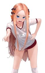 Rule 34 | 1girl, abigail williams (fate), absurdres, black bow, blonde hair, blue eyes, bow, character name, collarbone, fate/grand order, fate (series), gym uniform, hair bow, hand on own hip, highres, index finger raised, kanashi kumo, kneehighs, leaning forward, long hair, looking at viewer, md5 mismatch, multiple hair bows, open mouth, orange bow, parted bangs, red shorts, resolution mismatch, shirt, short shorts, short sleeves, shorts, simple background, socks, solo, source larger, standing, straight hair, thighhighs, very long hair, white background, white shirt, white socks
