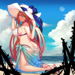 Rule 34 | 1girl, ass, bare arms, bare shoulders, beach, bikini, blue sky, blush, breasts, brown hair, butt crack, character name, cloud, crotch seam, day, from behind, girls&#039; frontline, green eyes, hair between eyes, hair rings, hands on headwear, hat, highres, kneeling, large breasts, long hair, looking at viewer, looking back, ocean, official alternate costume, outdoors, sandals, sarong, see-through, sidelocks, signature, sky, smile, solo, springfield (girls&#039; frontline), springfield (stirring mermaid) (girls&#039; frontline), sun hat, swimsuit, wookyung
