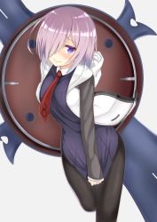 Rule 34 | 1girl, black pantyhose, blush, breast pocket, breasts, fate/grand order, fate (series), hair over one eye, highres, large breasts, looking at viewer, mash kyrielight, necktie, pantyhose, pink hair, pocket, purple eyes, red necktie, reinama, short hair, solo